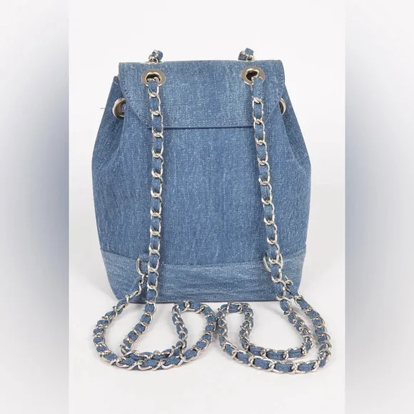 Denim Chain Drawstring Mini Backpack - Picture 3 of 6